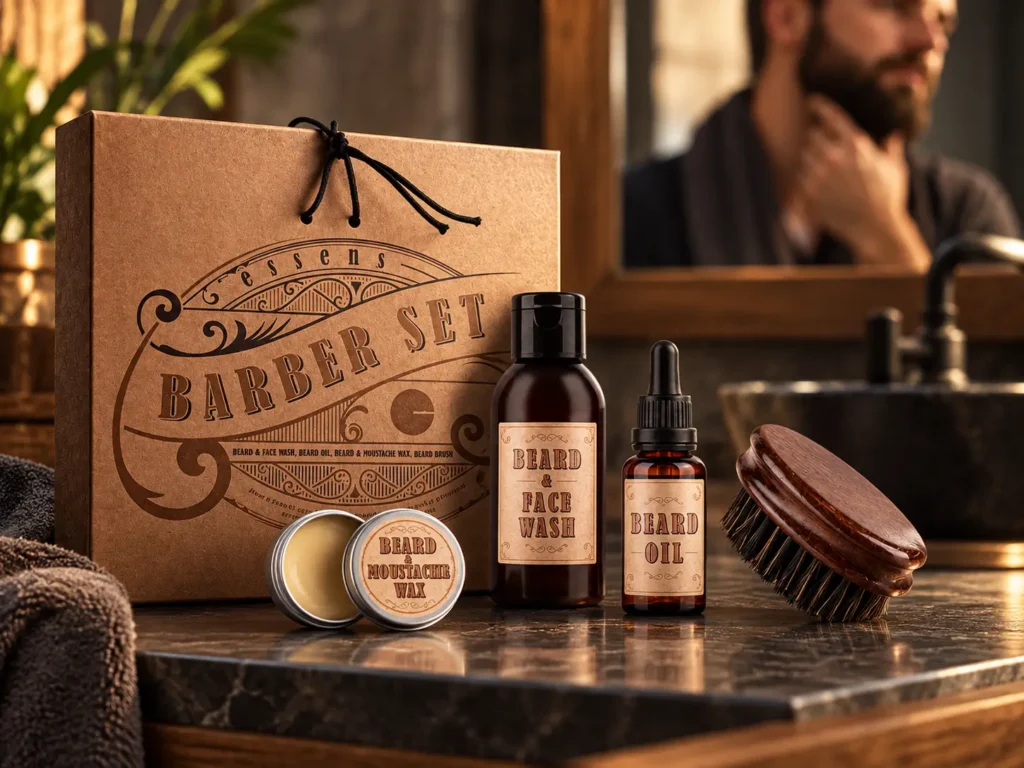 Set de soin pour la barbe ESSENS avec nettoyant, huile, cire et brosse